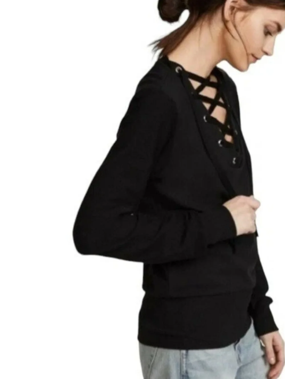 L'AGENCE Black Lace-Up Josilyn Sweatshirt Top Shirt Large - Picture 8 of 8